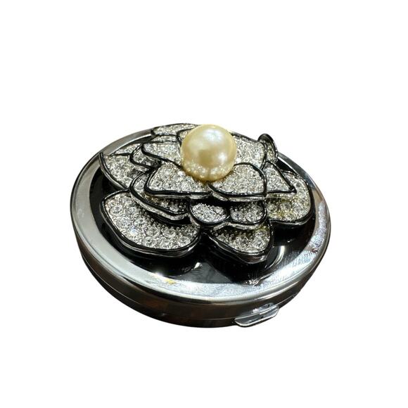 VINTAGE! KENNETH LANE CORAL BLACK AND CRYSTAL ROSE VANITY MIRROR COMPACT - Picture 2 of 4